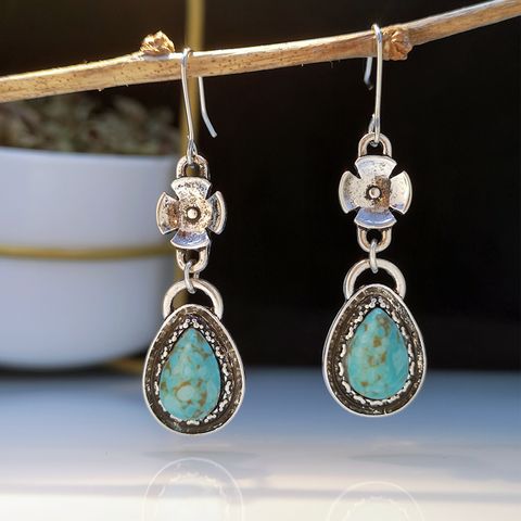 New Creative Retro Turquoise Earrings Ethnic Style Fashion Flowers And Drop Earrings