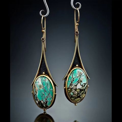 Retro Gold Marble Drop-shaped Flower Colored Turquoise Earrings