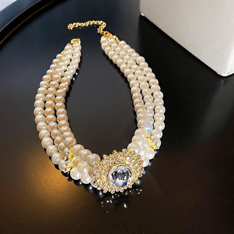 Fashion Crystal Diamond Multi-row Pearl Necklace Short Alloy Necklace