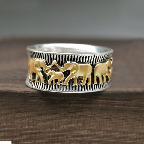 Retro Animal Big Elephant Ring 925 Two-color Gold-plated Alloy Couple Ring