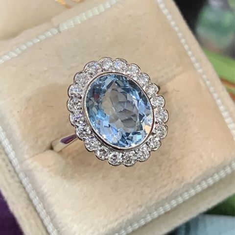 Fashion Niche Copper Inlaid Sea Blue Oval Zircon Flower Ring Wholesale