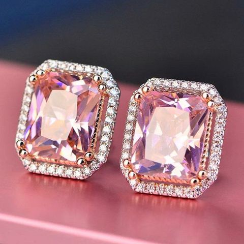 New Retro Pink Diamond Zircon Copper Platinum Plated Copper Earrings