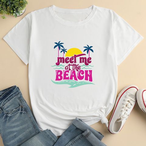 Camiseta Informal Suelta Con Estampado De Letras En La Playa Para Mujer
