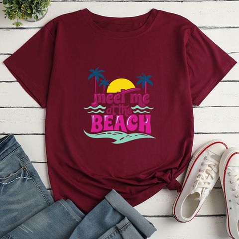 Letters Beach Print Ladies Loose Casual T-shirt