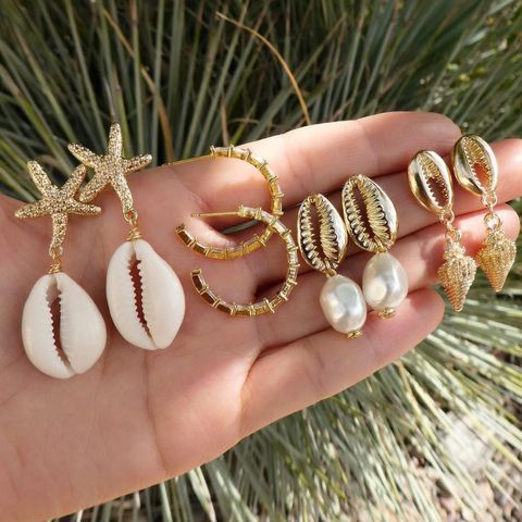 Bohemia Shells Pearl Conch Starfish Stud Earrings 4 Pairs Set Wholesale