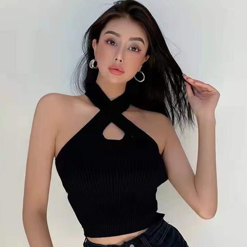 Sexy Cross Halter Cutout Cropped Navel Knit Tank Top