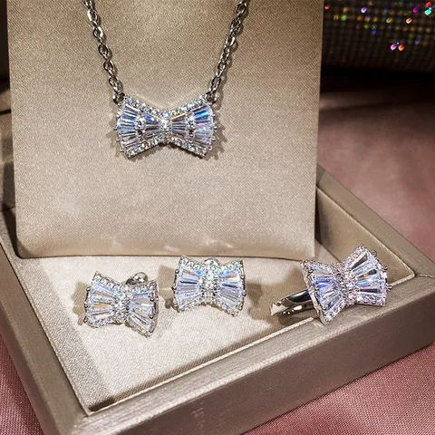 Traje De Circón Platinado De Tres Piezas Con Lazo Simple, Joyería Para Mujer Al Por Mayor