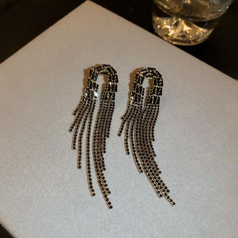Fashion Long Black Tassel Inlaid Rhinestone Drop Earrings Wholesale