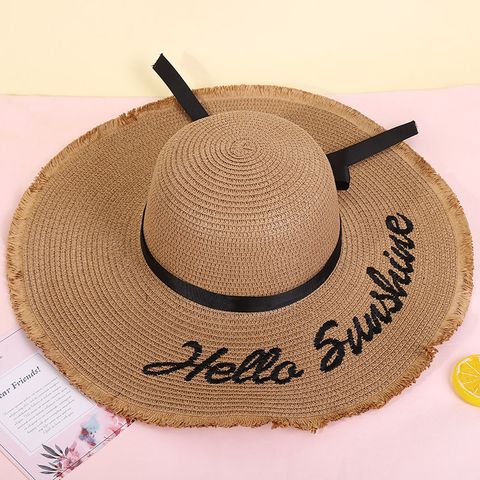 Fashion Wide-brimmed Outdoor Streamer Letter Printing Straw Sunscreen Hat