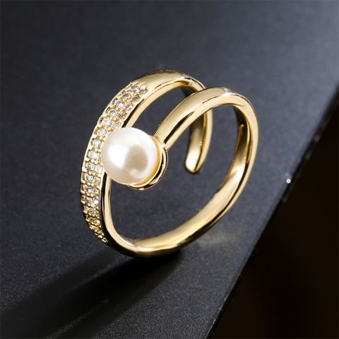 Mode Kupfer Mikro-set Zirkon Plattiert 18k Gold Perle Geometrischer Offener Ring