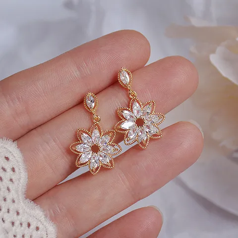 Korean Copper Micro-set Zircon Crystal Flower Earrings Female