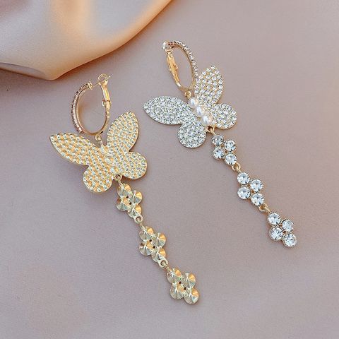 Fashion Rhinestone Pearl Butterfly Earrings Retro Alloy Earrings