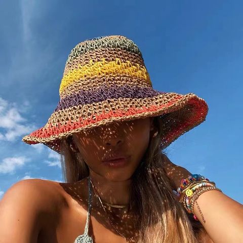 Sombrero De Paja De Pescador A Juego Con El Color Del Arco Iris Plegable Para Mujer De Estilo Bohemio