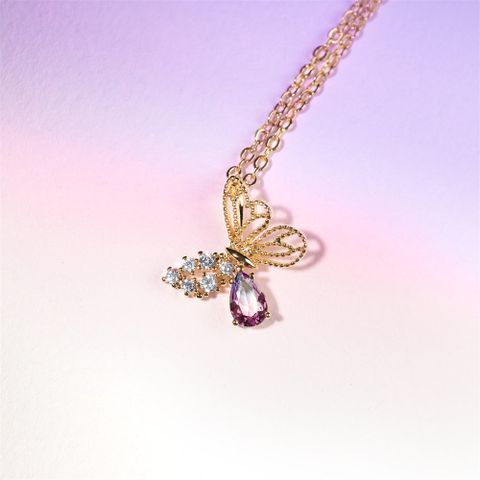 Vintage Hollow Butterfly Pink Rhinestone Alloy Necklace Wholesale