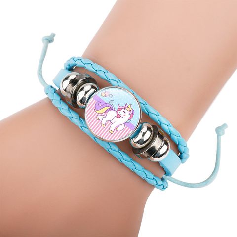 Cute Children's Cartoon Unicorn Pony Blue Hand-woven Rope Leather Bracelet