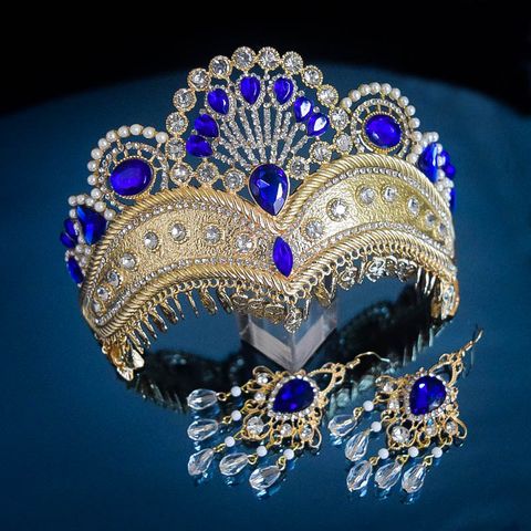 Retro Ethnic Style Gold Crown Hollow Bridal Head Accessories Earrings