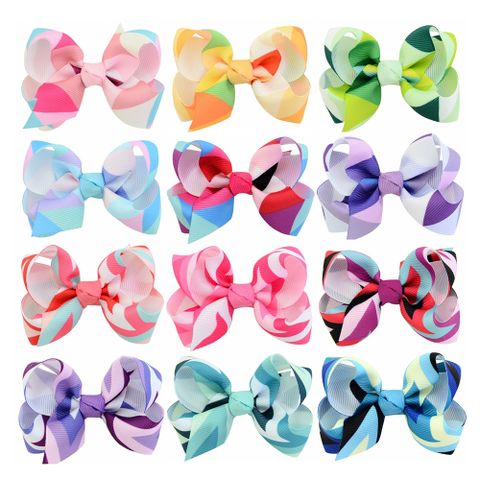 12 Colors New Wave Printing Striped Fishtail Upturned Bow Children's Hairpin