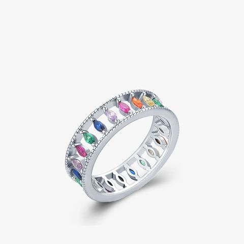 Fashion Sterling Silver S925 Rainbow Full Diamond Hollow Women's Ring