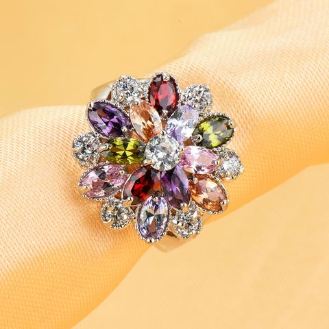 Fashion Geometric Copper Inlaid Color Zircon Flower Ring