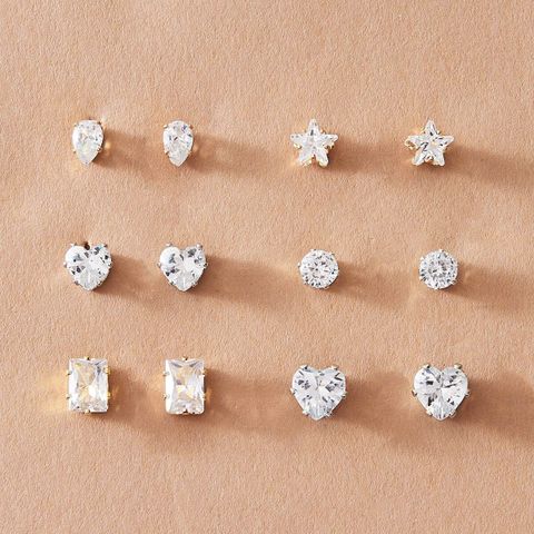 Simple Style Heart Diamond Alloy Artificial Gemstones Earrings Ear Studs