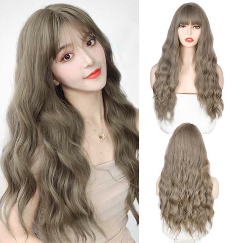 Fashion Long Linen Color Green Wood Linen Gray Water Corrugated Head Cover High Temperature Wigs