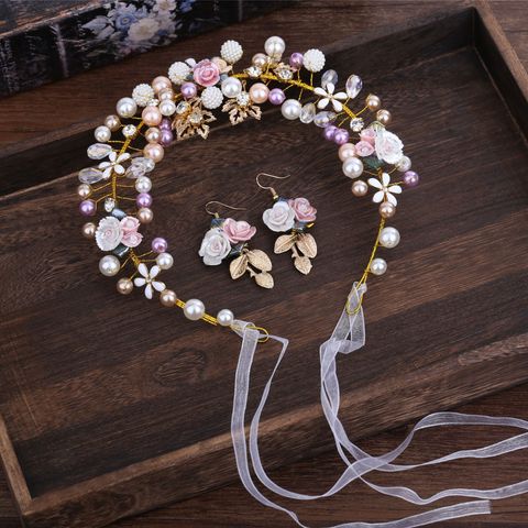 Bridal Headwear Handmade Pearl Ceramic Flower Headband Earrings Set
