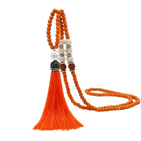 Ethnic Style Tassel Beaded Turquoise Rope Rhinestone Women's Long Necklace