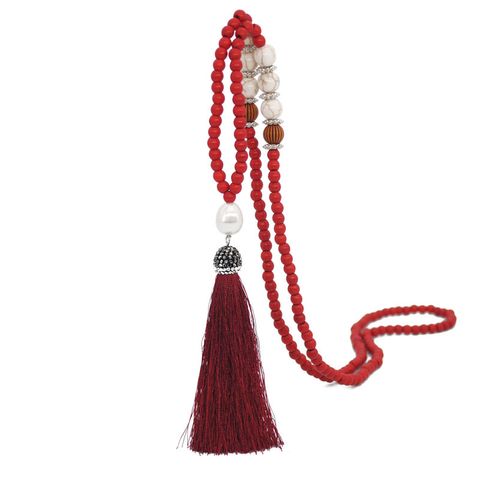 Ethnic Style Tassel Beaded Turquoise Rope Rhinestone Women's Long Necklace