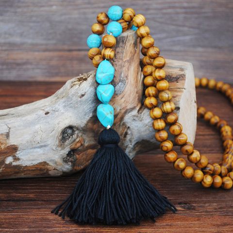 Retro Turquoise Pendant Wood Bead Bohemian Color Tassel Long Necklace