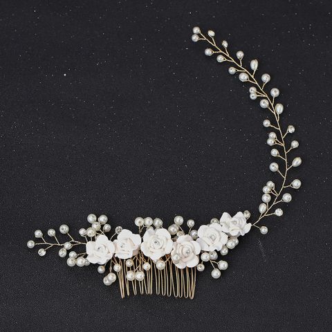 Fashion Bridal Handmade Pearl Flower Soft Pottery Flower Hair Comb