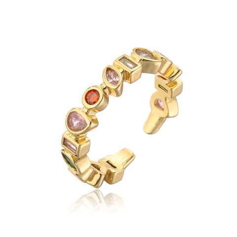 Fashion Geometric Open Copper Plated 18k Gold Colorful Zircon Ring