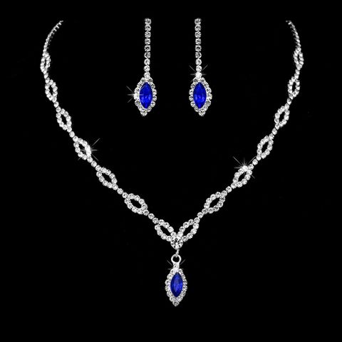 Conjunto De Collar De Pendientes De Ojo De Caballo Azul Real De Diamantes De Imitación De Cadena De Garra De Cobre Simple