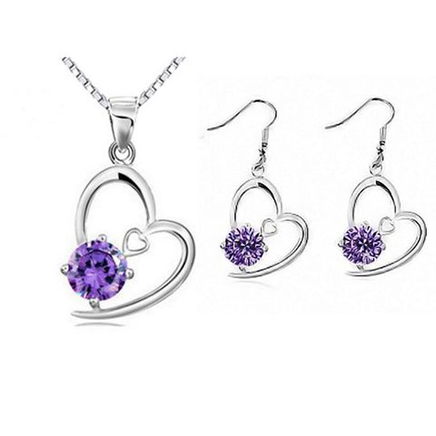 Wholesale Simple Heart Zircon Two Tone Ladies Pendant Necklace Earring Set