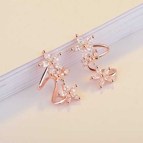 Sweet Flower Curved Ear Clip Fashion Zircon Copper Earrings