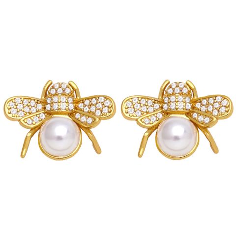 Simple Bee Butterfly Pearl Copper Inlaid Zircon 18k Gold-plated Earrings