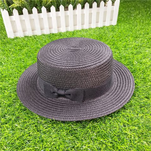 Korean Straw Hat Shading Hat Summer Flat-brimmed Bow Straw Flat Top Hat