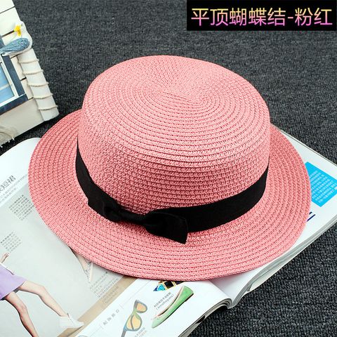 Sombrero De Paja Coreano, Sombrero Para El Sol, Sombrero De Copa Plano De Paja Con Lazo De Verano Para Mujer A La Moda