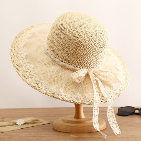 Simple Straw Hat Lace Bows Hat Female Sunshade French Ladies Top Hat