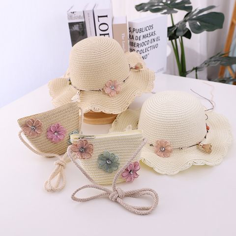 Sombrero De Playa De Verano Para Niños De Color Sólido Con Decoración De Flores A La Moda, Sombrero De Paja Al Por Mayor