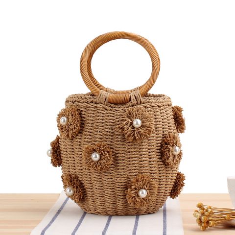 New Hand-carried Hand-woven Flower Pearl Bucket Straw Woven Bag 19*14*12cm