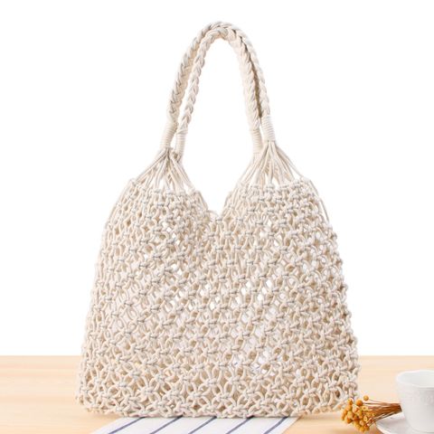 New Solid Color One-shoulder Woven Straw Cotton Rope Net Pocket Beach Bag 35*48cm
