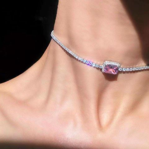 Vintage Inlaid Rhinestone Simple Pink Diamond Necklace Choker Wholesale