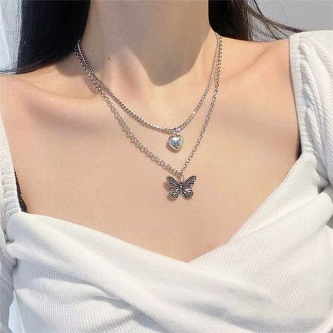 Fashion Double-layer Hip-hop Full Diamond Heart-shaped Pendant Alloy Necklace