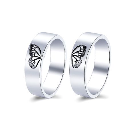 Fashion Solid Color Carved Butterfly Heart-shaped Couple Ring Two-piece Set