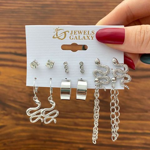 Simple Letter C-shaped Snake-shaped Rhinestone-studded Earrings Set 6 Pairs