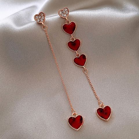 Simple Asymmetric Set With Rhinestones Red Heart Chain Earrings Wholesale