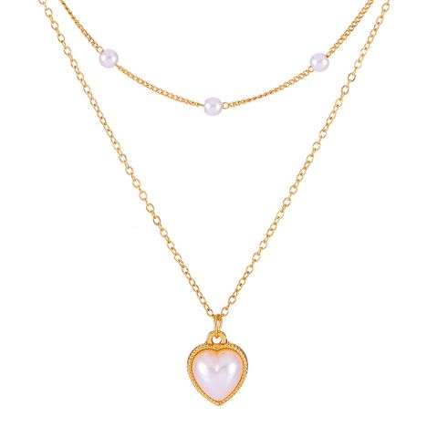 Retro Stacked Double-layer Pearl Heart Pendant Alloy Clavicle Chain