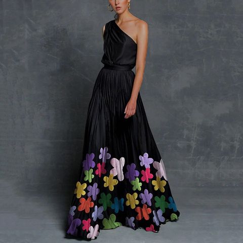 Women's Elegant Oblique Collar Printing Patchwork Sleeveless Printing Maxi Long Dress Wedding Banquet