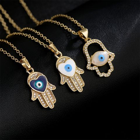 Fashion Copper 18k Gold Drip Oil Zircon Fatima's Hand Devil's Eye Collarbone Chain