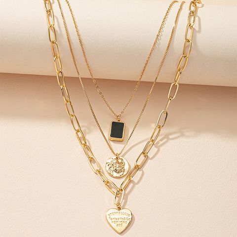 Layered Female Portrait Alloy Necklace Gold Heart-shaped Pendant